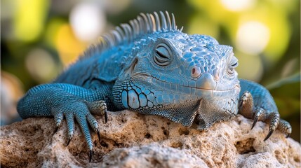 Fototapeta premium Close-up of a serene, blue iguana resting on a rock.