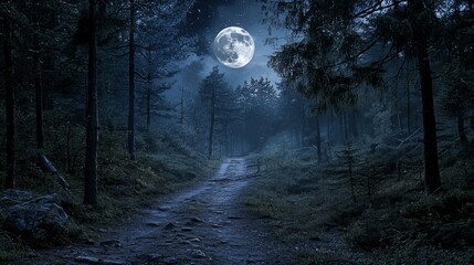 Mystical Forest Path Under Full Moonlight with Starry Night Sky and Dense Trees Providing Enchanting Nature Experience