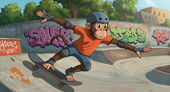 A cartoon illustration of a skateboarding monkey in a skatepark full of graffiti