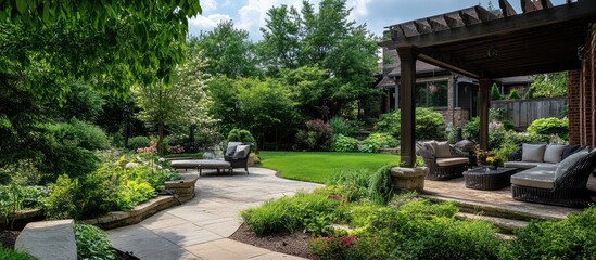 A meticulously landscaped backyard oasis with a covered patio.