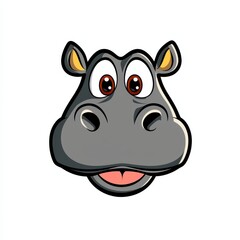Cartoon illustration of a friendly hippopotamus face with red eyes and a pink tongue