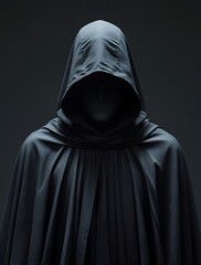 Mysterious figure in dark hooded cloak standing against black background, face hidden in shadow, evoking fantasy, darkness, secrecy, and dramatic atmosphere
