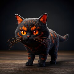 3D Black Cat with orange accents on its fur, standing on a wooden surface against a dark background.