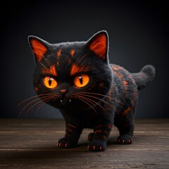 3D Black Cat with orange accents on its fur, standing on a wooden surface against a dark background.