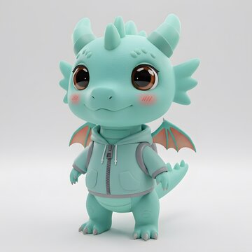 3D Cute Turquoise Dragon-like creature wearing a light blue hoodie with a backpack.