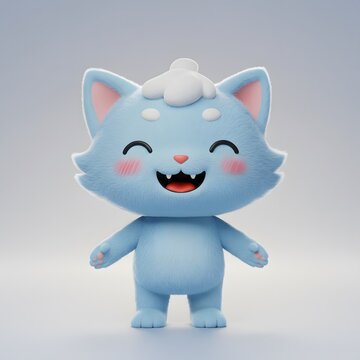 3D Animated blue creature with small white tufts on its head, large expressive eyes, rosy cheeks, and a cheerful expression.