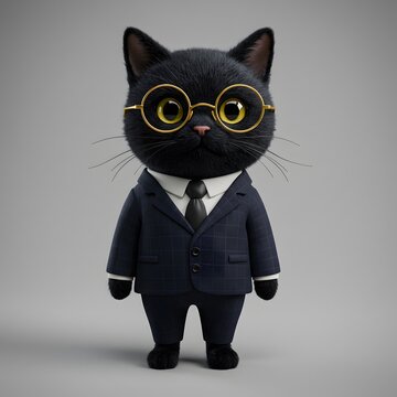 3D Black Cat wearing a dark blue suit with a white shirt and black tie, and it is also wearing round, gold-rimmed glasses.