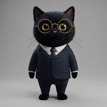 3D Black Cat wearing a dark blue suit with a white shirt and black tie, and it is also wearing round, gold-rimmed glasses.