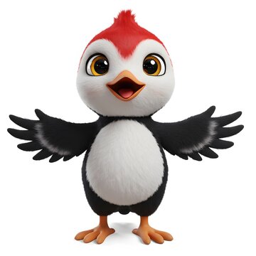 3D Cute animated Bird with a red and white head, black wings, and a white body.