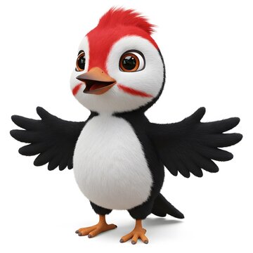 3D Cute animated Bird with a red and white head, black wings, and a white body.