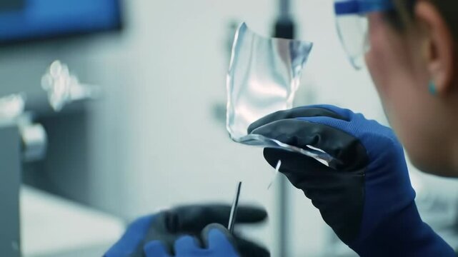 A Young Adult Female Scientist in Protective Gloves Conducting Experiment with Transparent Material in a High-Tech Laboratory Environment
