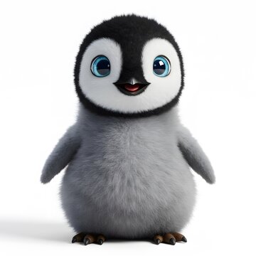 3D Cute cartoon baby Penguin with large blue eyes, a black head, and white cheeks.