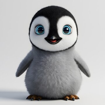 3D Cute cartoon baby Penguin with large blue eyes, a black head, and white cheeks.
