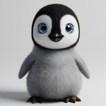 3D Cute cartoon baby Penguin with large blue eyes, a black head, and white cheeks.