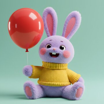 3D Cute cartoon purple Bunny wearing a yellow sweater and holding a red balloon.