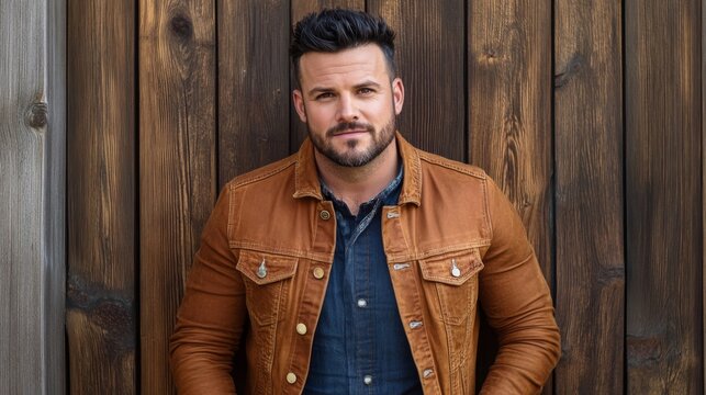 Stylish Man in a Brown Jacket on wooden background