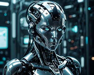 Futuristic Female Robot AI, Artificial Intelligence, Cyborg, Android, Digital Art
