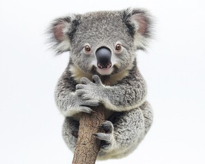 Naklejka premium Adorable koala clinging to a branch, showcasing its cute features and fur texture
