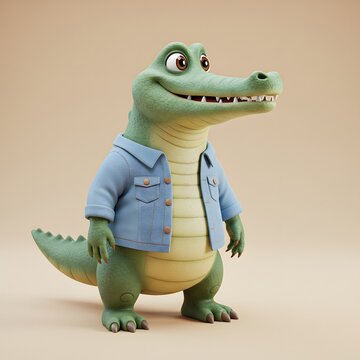 3D Alligator wearing a light blue denim jacket. The alligator has a friendly expression and is standing against a plain.