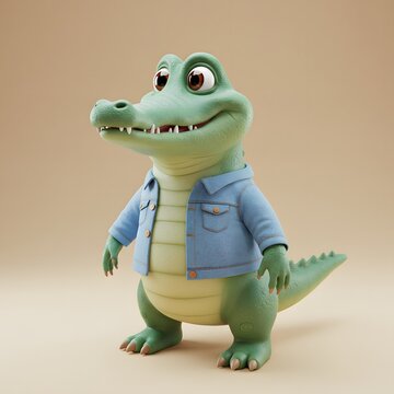 3D Alligator wearing a light blue denim jacket. The alligator has a friendly expression and is standing against a plain.
