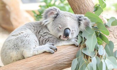 Obraz premium Adorable koala bear sleeping peacefully on a eucalyptus branch, showcasing its soft fur and relaxed posture. Perfect for nature, wildlife, and animal lover themes.