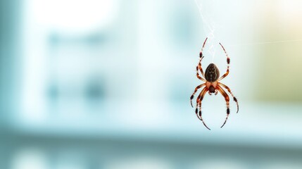 Spider on a web indoors, blurred background