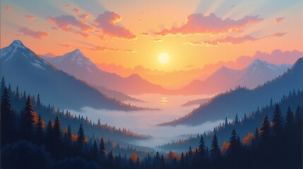 Fototapeta premium Golden Hour Serenity: The Sunrise Over Mountain Peaks