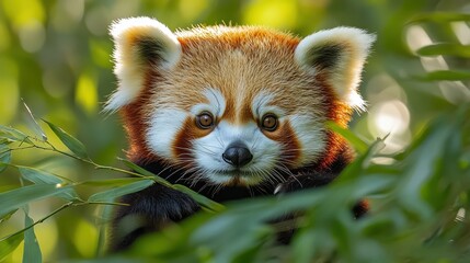 Close-up portrait of a young red panda amidst foliage.
