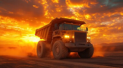 Powerful mining truck traversing dusty terrain at fiery sunset.