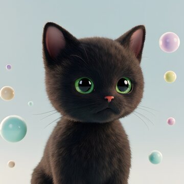 3D Black Cat with Blue Eyes