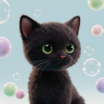 3D Black Cat with Blue Eyes