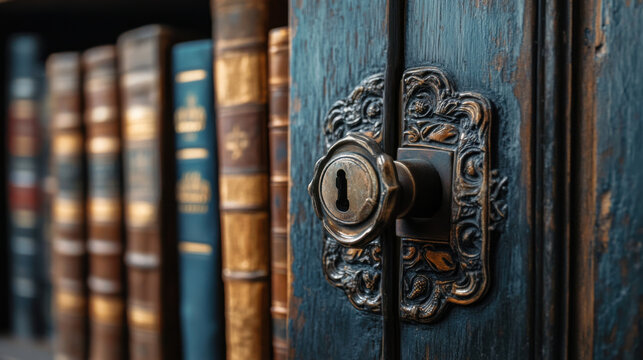 Intricate antique door lock close-up with vintage books in the background.
