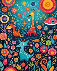 Naklejka premium Whimsical Animal Illustration Colorful Floral Fantasy Art