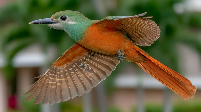 A vibrant rufous-tailed jacamar in mid-flight, showcasing its brilliant plumage and intricate wing details against a soft-focus green background.