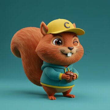 3D Cute Squirrel character wearing a yellow cap, a blue hoodie with yellow accents, and holding a chocolate bar in its hands.
