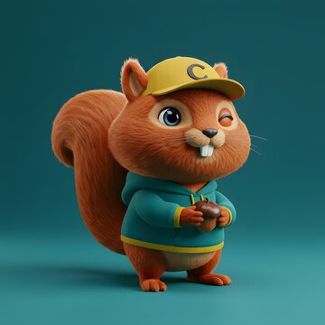 3D Cute Squirrel character wearing a yellow cap, a blue hoodie with yellow accents, and holding a chocolate bar in its hands.