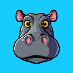 Cartoon illustration of a hippopotamus face with large yellow eyes and pink ears on a blue background