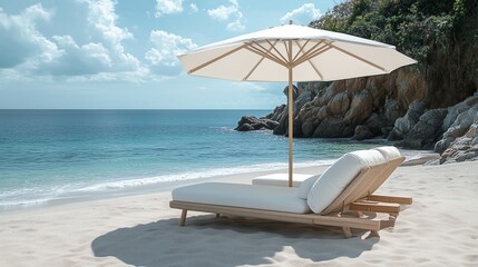 Premium Sunbed Under White Umbrella on Empty Beach - Minimalist Luxury Travel Concept with Ocean View