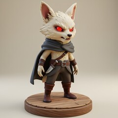 3D Figurine of a humanoid creature with a Wolf-like head, wearing a cape and carrying a knife on a wooden stand.