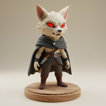 3D Figurine of a humanoid creature with a Wolf-like head, wearing a cape and carrying a knife on a wooden stand.