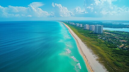 South Florida Coastline Aerial Shot: Soft Blues and Greens from 800 Feet, Serene and Expansive Scenic View