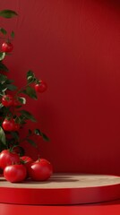 Fresh Red Tomatoes on Wooden Surface Against Red Background