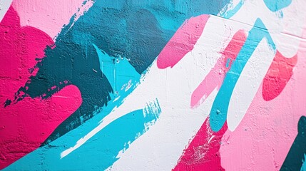 An artistic closeup of a colorful wall with teal, pink, and blue hues, layered with dynamic white paint strokes