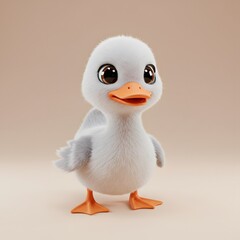 3D cute fluffy white Duckling with large, expressive brown eyes and an orange beak and feet.