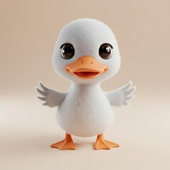 3D cute fluffy white Duckling with large, expressive brown eyes and an orange beak and feet.