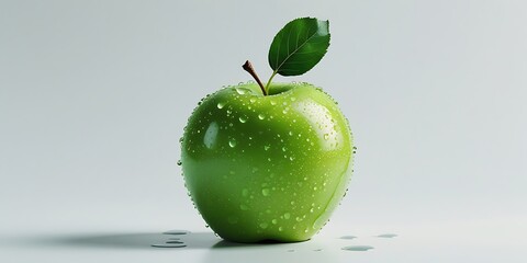 Vibrant green apple covered in fresh water droplets on a plain background, perfect for healthy eating, organic lifestyle, and natural food advertisements
