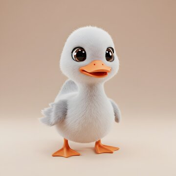 3D cute fluffy white Duckling with large, expressive brown eyes and an orange beak and feet.