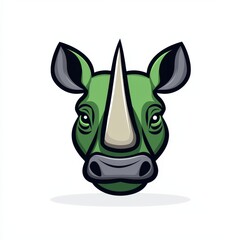 Cartoon illustration of a green rhinoceros head with beige horn and black outlines