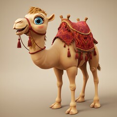 3D Camel animated with a large, expressive eye, rosy cheeks, and a friendly demeanor.