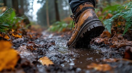 Hiking boot stepping through muddy water puddle on a forest trail path